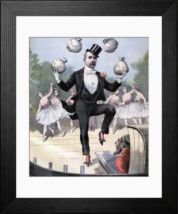Framed Print : Georges Clemenceau juggling bags of English money, 1893. Artist: Henri Meyer Framed Print : Georges Clemenceau juggling bags of English money, 1893. Artist: Henri Meyer