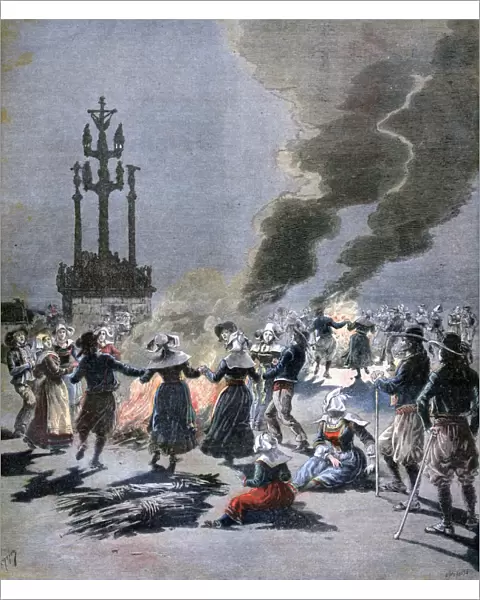Bonfires lit to celebrate the summer solstice in Brittany, 1893. Artist: F Meaulle