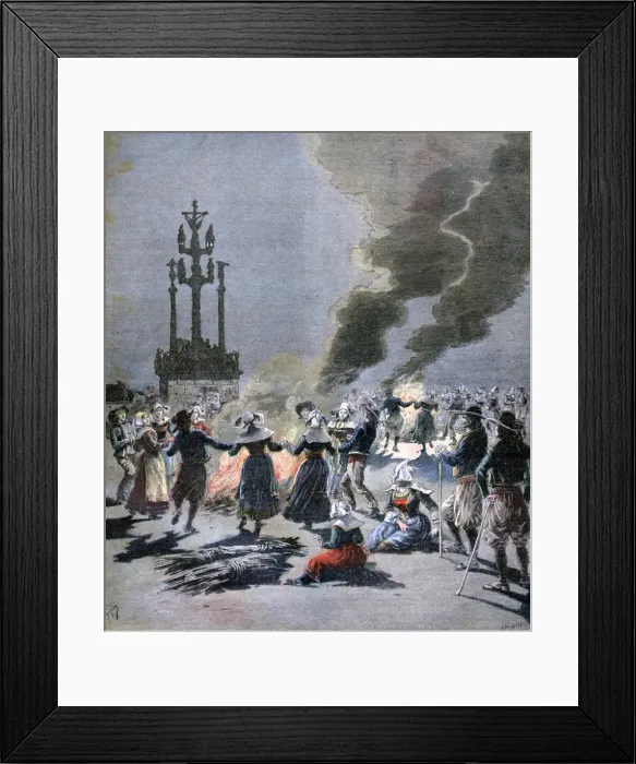 Framed Print : Bonfires lit to celebrate the summer solstice in Brittany, 1893. Artist: F Meaulle Framed Print : Bonfires lit to celebrate the summer solstice in Brittany, 1893. Artist: F Meaulle