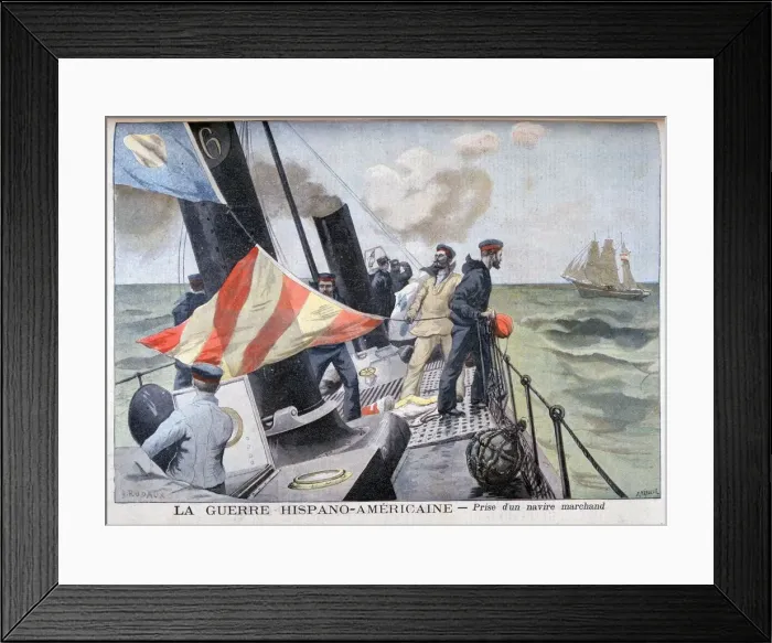 Framed Print : The catching of a merchant vessel, Spanish-American War, 1898. Artist: F Meaulle Framed Print : The catching of a merchant vessel, Spanish-American War, 1898. Artist: F Meaulle