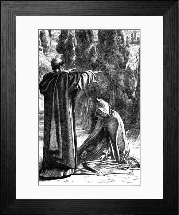 Framed Print : Fra Girolamo commanding Romola not to leave Florence, 1862-1863. Artist: Frederic Leighton Framed Print : Fra Girolamo commanding Romola not to leave Florence, 1862-1863. Artist: Frederic Leighton
