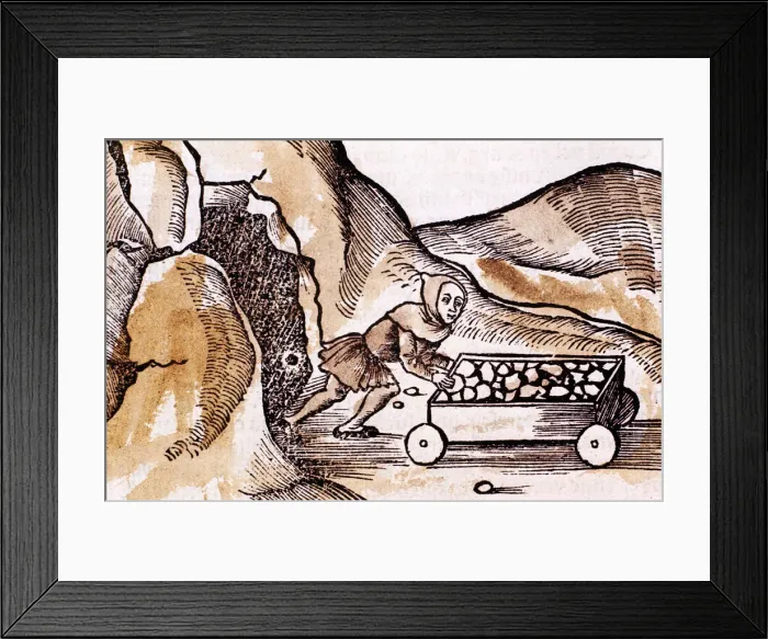 Framed Print : Miner pushing a trolley from a mine entrance, 1508 Framed Print : Miner pushing a trolley from a mine entrance, 1508