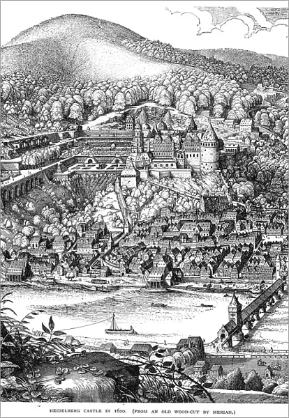 Heidelberg Castle and town viewed across the Neckar river, Germany, in 1620