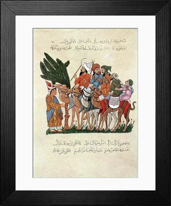 Framed Print : Arabian travellers on camels, being greeted at the end of their journey