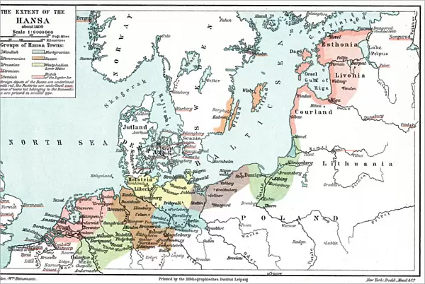 Map of the extent of the Hanseatic League in about 1400