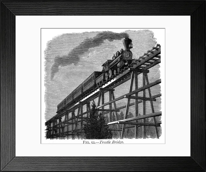 Framed Print : Train crossing a wooden trestle bridge on the Union Pacific Railroad, Wyoming, USA, c1870 Framed Print : Train crossing a wooden trestle bridge on the Union Pacific Railroad, Wyoming, USA, c1870