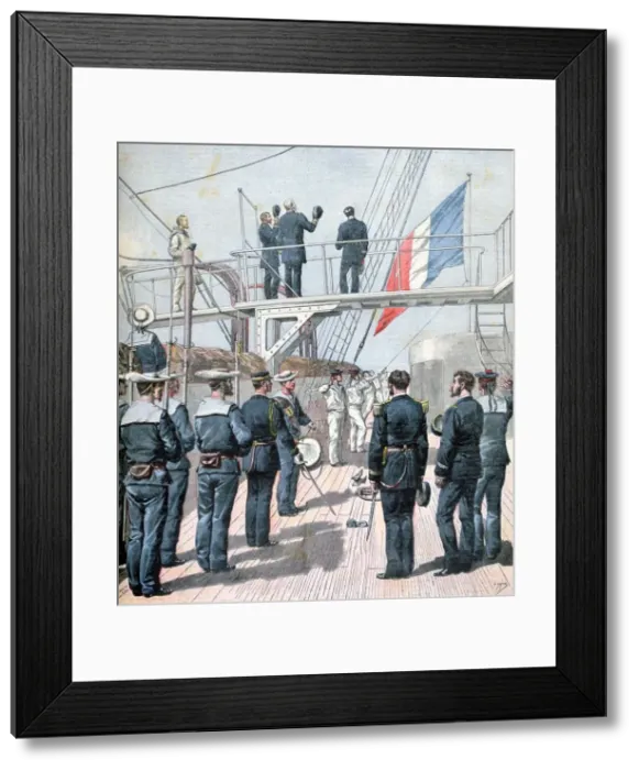 Framed Print : Salute to the flag, French naval manoeuvres, 1891. Artist: Henri Meyer