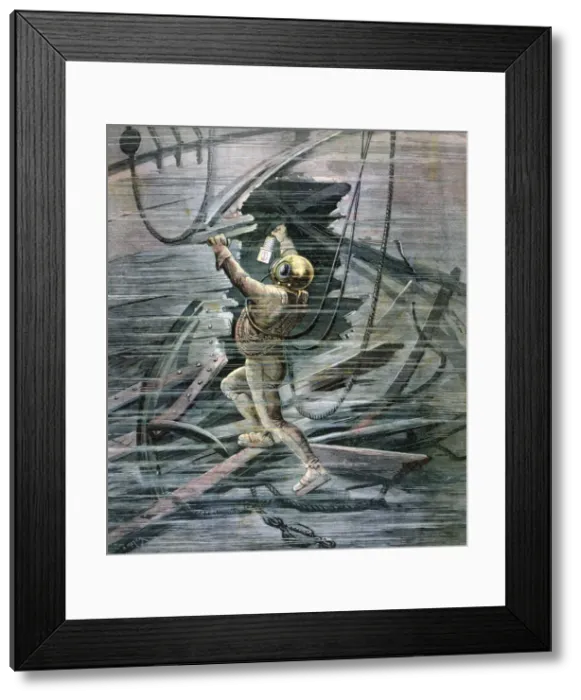 Framed Print : A diver searching a wreck in La Havre harbour, France, 1892. Artist: Henri Meyer Framed Print : A diver searching a wreck in La Havre harbour, France, 1892. Artist: Henri Meyer