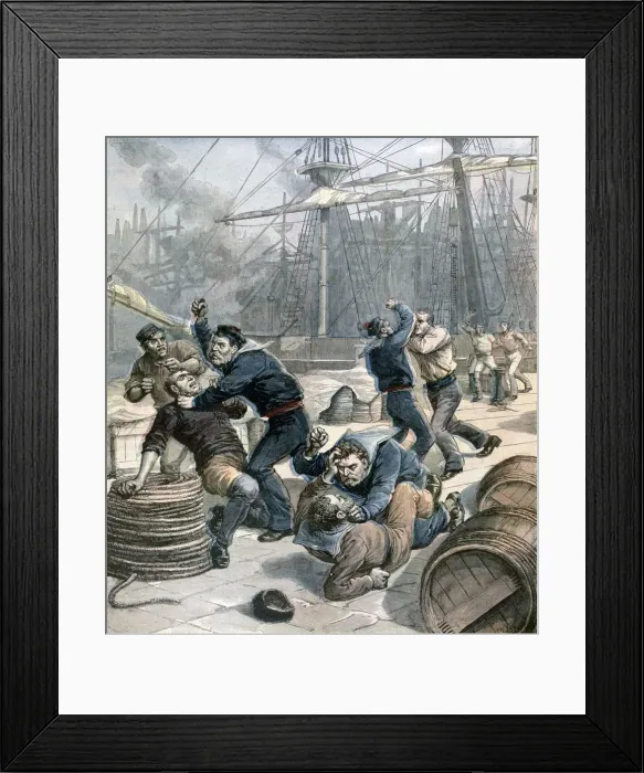 Framed Print : Brawl between English and German sailors at Millwall Docks, London, 1892. Artist: Henri Meyer Framed Print : Brawl between English and German sailors at Millwall Docks, London, 1892. Artist: Henri Meyer
