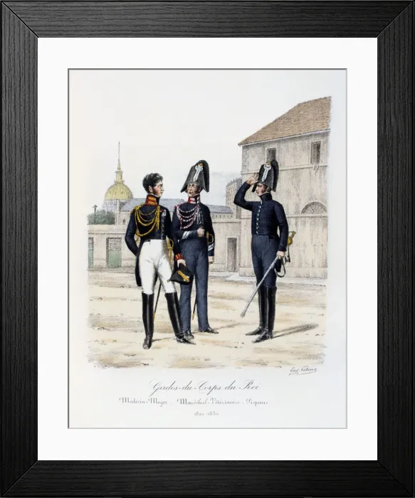 Framed Print : Gardes-du-Corps de Roi, Medecin-Major, Marechal-Veterinaire and Piqueur, 1820-30 Artist: Eugene Titeux