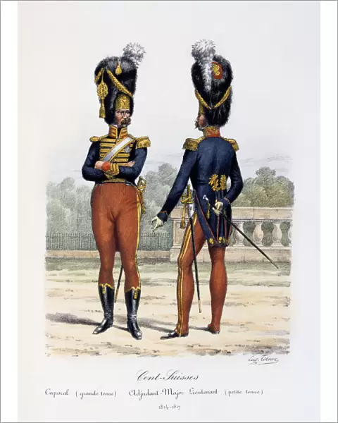Cent-Suisses, Caporal (grande tenue), Adjudant-Major Lieutenant (petite tenue), 1814-17 Artist: Eugene Titeux
