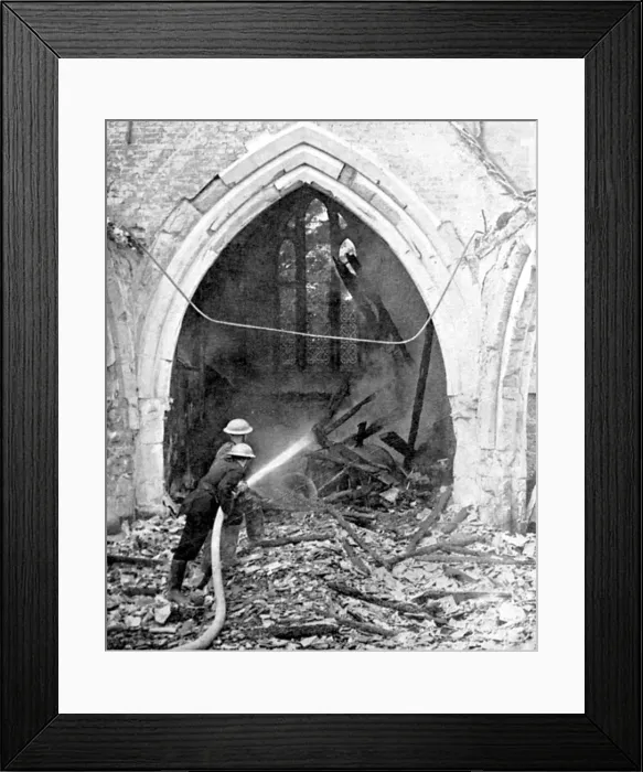 Framed Print : British firefighters damping down a bombed church, World War II, June 1940 Framed Print : British firefighters damping down a bombed church, World War II, June 1940