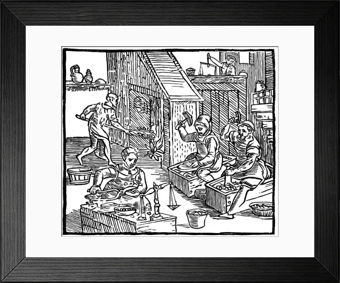 Framed Print : Coiners at work, 1577. Artist: Ralph Holinshead Framed Print : Coiners at work, 1577. Artist: Ralph Holinshead