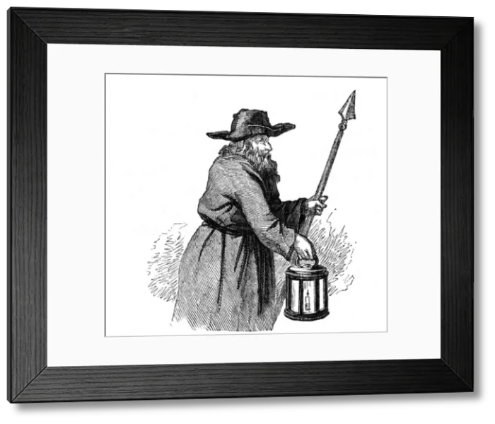 Framed Print : London nightwatchman going through the streets with his pike and lantern, 1569