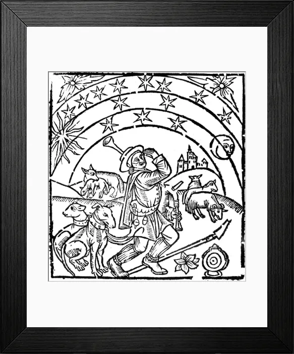 Framed Print : Shepherd guarding his flock at night, early 16th century Framed Print : Shepherd guarding his flock at night, early 16th century