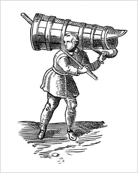 An apprentice, carrying a wooden vessel as tall as himself, on his way to fetch water, 1572. Artist: Georgius Braun