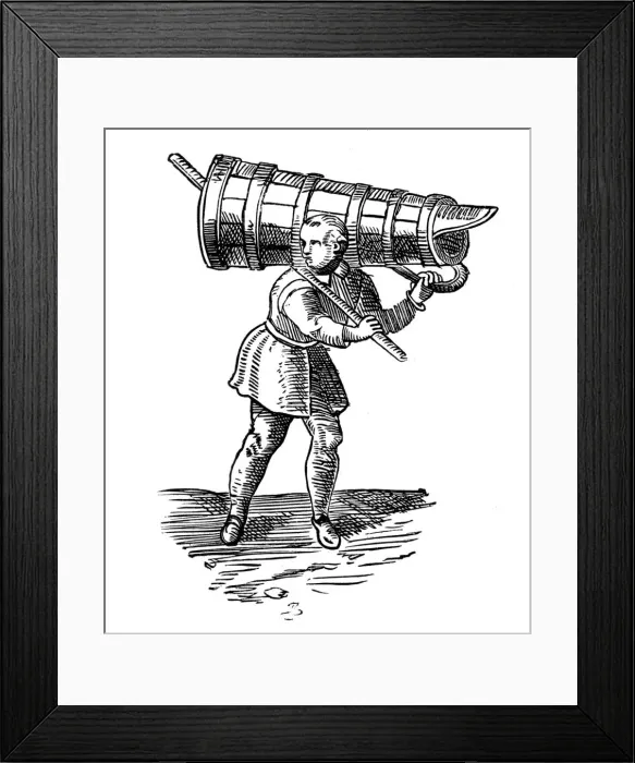 Framed Print : An apprentice, carrying a wooden vessel as tall as himself, on his way to fetch water, 1572. Artist: Georgius Braun Framed Print : An apprentice, carrying a wooden vessel as tall as himself, on his way to fetch water, 1572. Artist: Georgius Braun