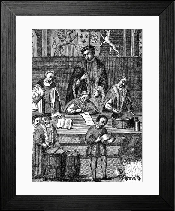 Framed Print : Testing weights and measures during the reign of Henry VII, England, 1497-1509 Framed Print : Testing weights and measures during the reign of Henry VII, England, 1497-1509