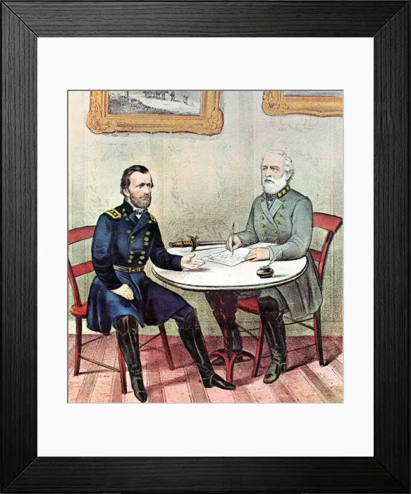 Framed Print : Meeting of Generals Grant (left) and Lee, American Civil War, 1865. Artist: Currier and Ives Framed Print : Meeting of Generals Grant (left) and Lee, American Civil War, 1865. Artist: Currier and Ives