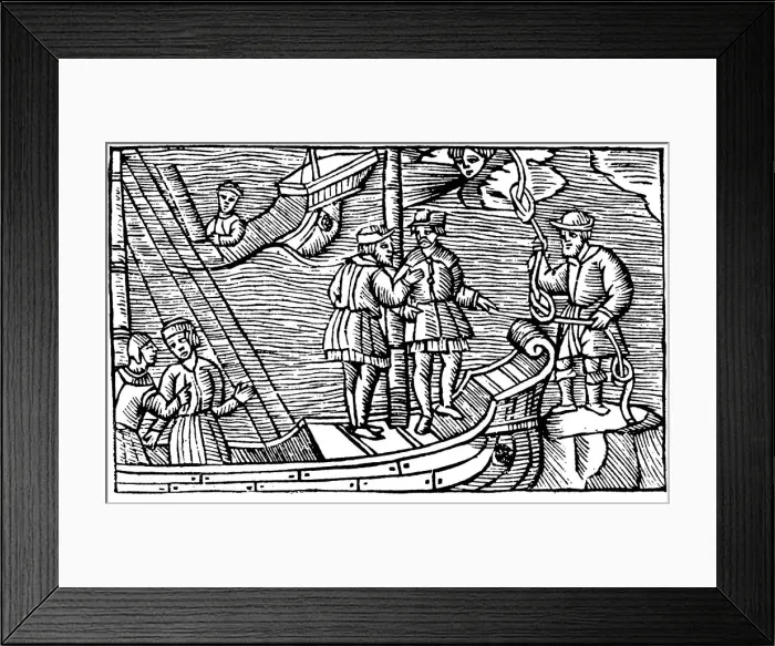 Framed Print : Sailors buying winds (tied in knots) from a magician, 1562 Framed Print : Sailors buying winds (tied in knots) from a magician, 1562