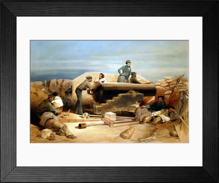 Framed Print : A Quiet Day in the Diamond Battery - portrait of a Lancaster 68-pounder, Crimean War 1855-1856. Artist: William Simpson Framed Print : A Quiet Day in the Diamond Battery - portrait of a Lancaster 68-pounder, Crimean War 1855-1856. Artist: William Simpson