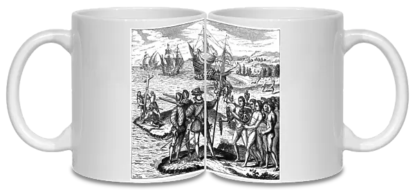 Christopher Columbus, Genoese explorer, discovering America, 12 May 1492 (1590). Artist: Theodor de Bry
