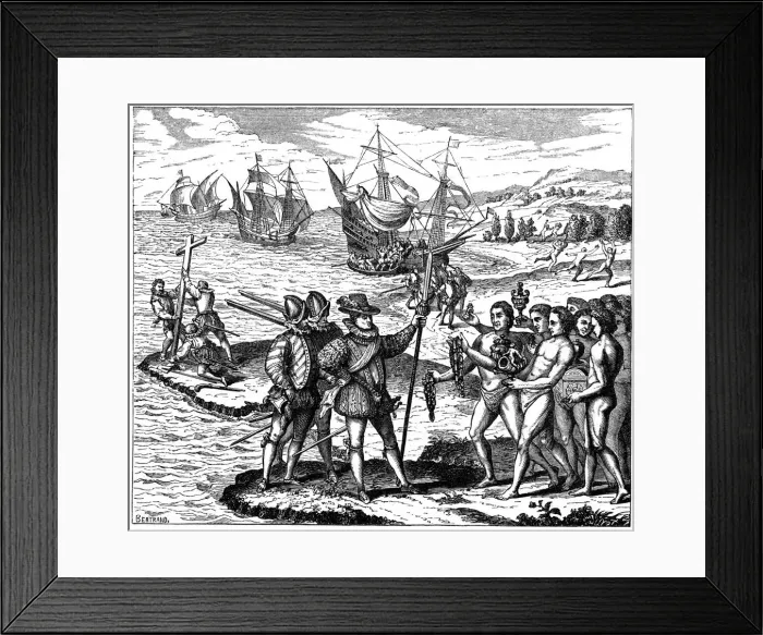 Framed Print : Christopher Columbus, Genoese explorer, discovering America, 12 May 1492 (1590). Artist: Theodor de Bry Framed Print : Christopher Columbus, Genoese explorer, discovering America, 12 May 1492 (1590). Artist: Theodor de Bry