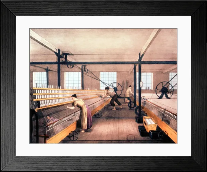 Framed Print : Spinning cotton with self-acting mules of the type devised by Richard Roberts in 1825 (c1835) Framed Print : Spinning cotton with self-acting mules of the type devised by Richard Roberts in 1825 (c1835)