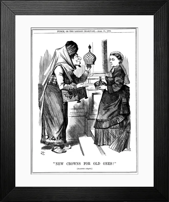 Framed Print : New Crowns for Old Ones!, Benjamin Disraeli offering the crown of India to Queen Victoria, 1876. Artist: John Tenniel Framed Print : New Crowns for Old Ones!, Benjamin Disraeli offering the crown of India to Queen Victoria, 1876. Artist: John Tenniel