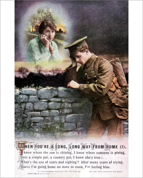 British soldier dreaming of his country sweetheart at home, World War I, 1914-1918