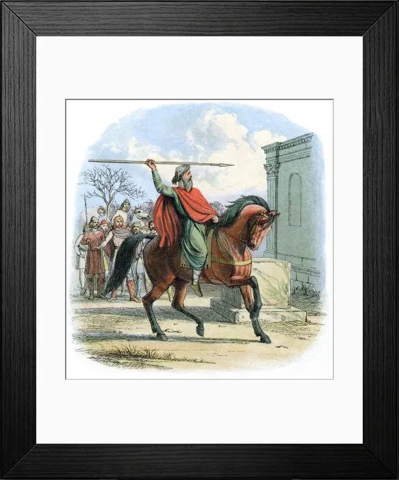 Framed Print : High priest Coifi profaning the temple of the idols, England, 7th century (1864) Framed Print : High priest Coifi profaning the temple of the idols, England, 7th century (1864)