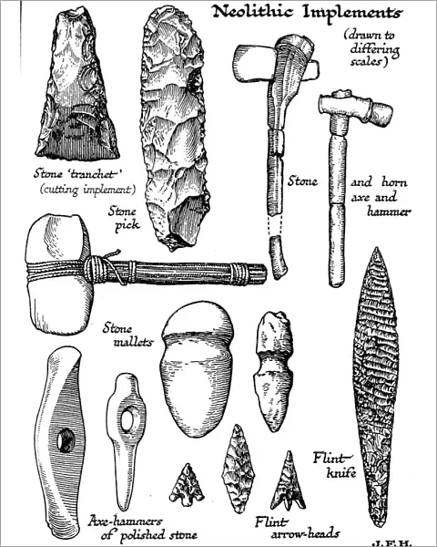 Neolithic implements of stone, flint and horn, c1890