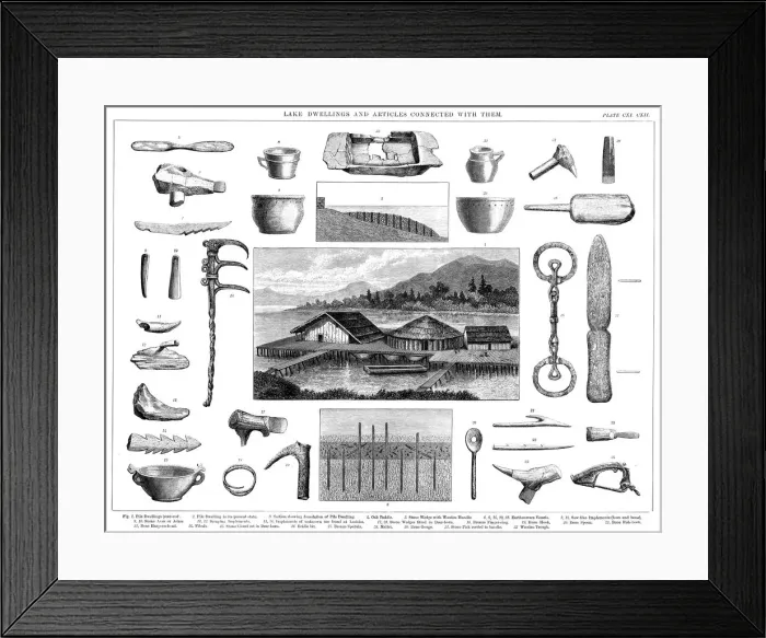 Framed Print : Lake dwellings and associated artefacts from Lake Zurich Switzerland, 1888 Framed Print : Lake dwellings and associated artefacts from Lake Zurich Switzerland, 1888