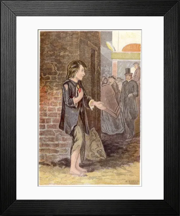 Framed Print : A poor boy, shoeless and in rags, begging on a street corner, c1880 Framed Print : A poor boy, shoeless and in rags, begging on a street corner, c1880