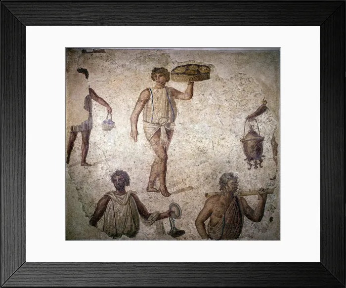 Framed Print : Servants or slaves making preparations for a feast, mosaic, Carthage, 2nd century Framed Print : Servants or slaves making preparations for a feast, mosaic, Carthage, 2nd century