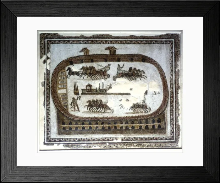 Framed Print : Chariot race in the arena, Roman mosaic, 2nd century Framed Print : Chariot race in the arena, Roman mosaic, 2nd century
