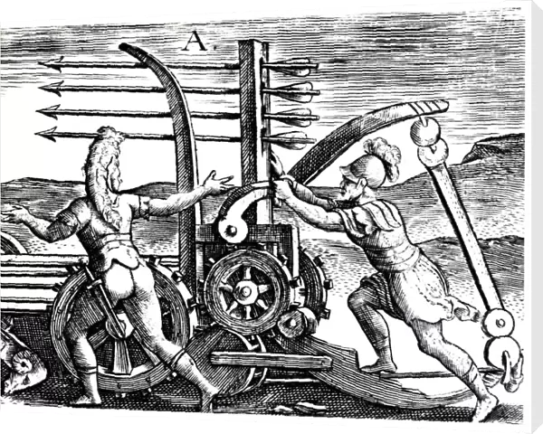 Roman soldiers using a war engine firing multiple arrows, 1605
