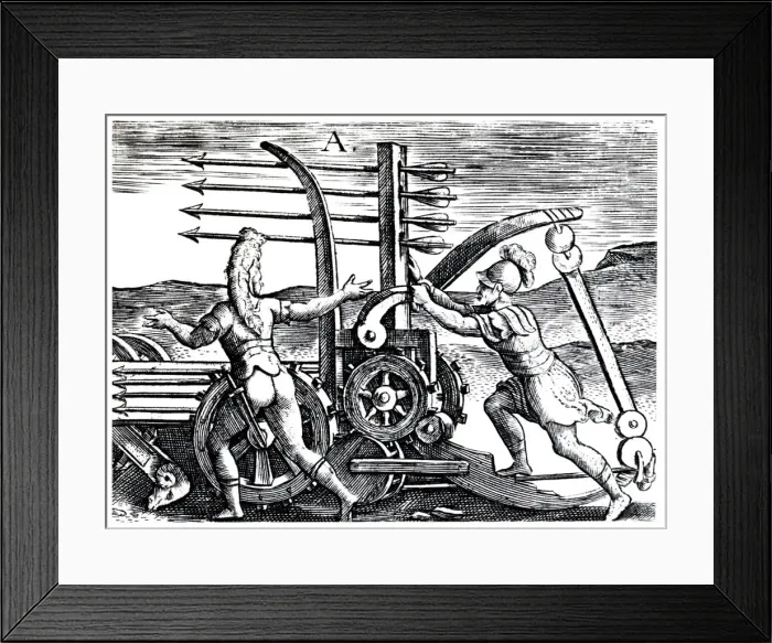 Framed Print : Roman soldiers using a war engine firing multiple arrows, 1605 Framed Print : Roman soldiers using a war engine firing multiple arrows, 1605