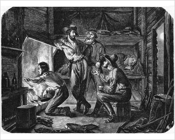 Miners in the Californian gold fields relaxing in their log cabin at night, 1853