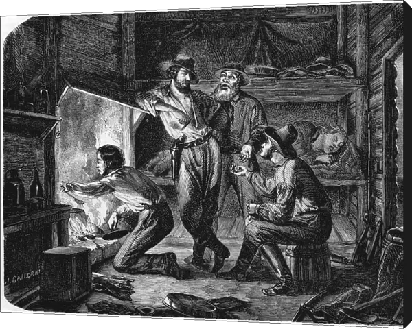 Miners in the Californian gold fields relaxing in their log cabin at night, 1853