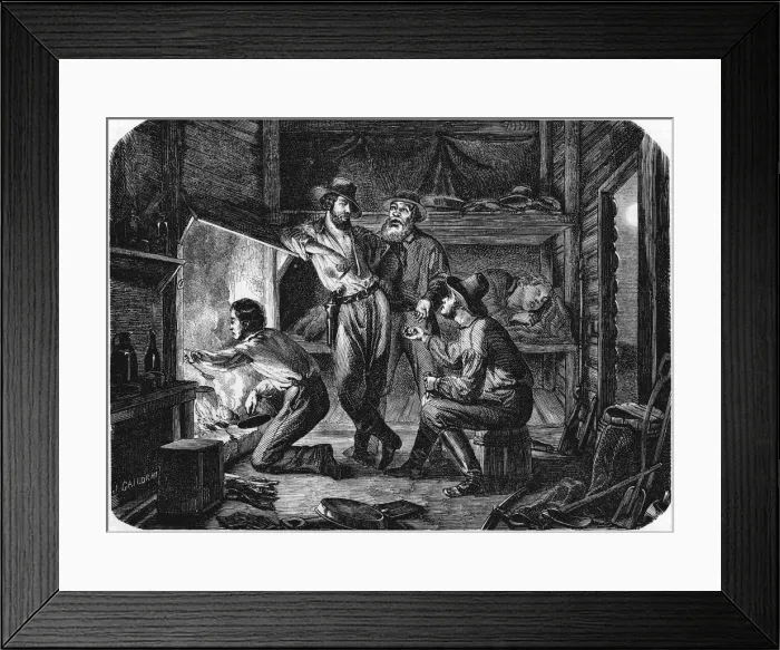 Framed Print : Miners in the Californian gold fields relaxing in their log cabin at night, 1853 Framed Print : Miners in the Californian gold fields relaxing in their log cabin at night, 1853