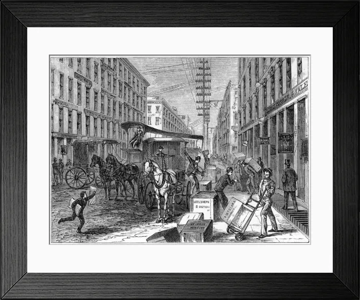 Framed Print : Deliveries and collections taking place at Wells Fargo depot, New York, USA, 1875 Framed Print : Deliveries and collections taking place at Wells Fargo depot, New York, USA, 1875