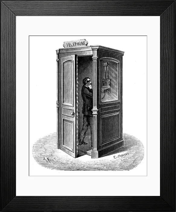 Framed Print : Making a call from a telephone call box, 1888 Framed Print : Making a call from a telephone call box, 1888