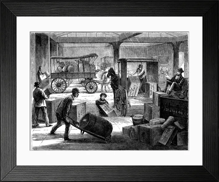 Framed Print : Loading up horse-drawn vans at the Wells Fargo general office, New York, USA, 1875 Framed Print : Loading up horse-drawn vans at the Wells Fargo general office, New York, USA, 1875