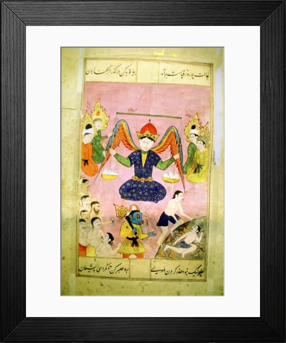 Framed Print : Arab manuscript depicting an angel weighing a soul Framed Print : Arab manuscript depicting an angel weighing a soul