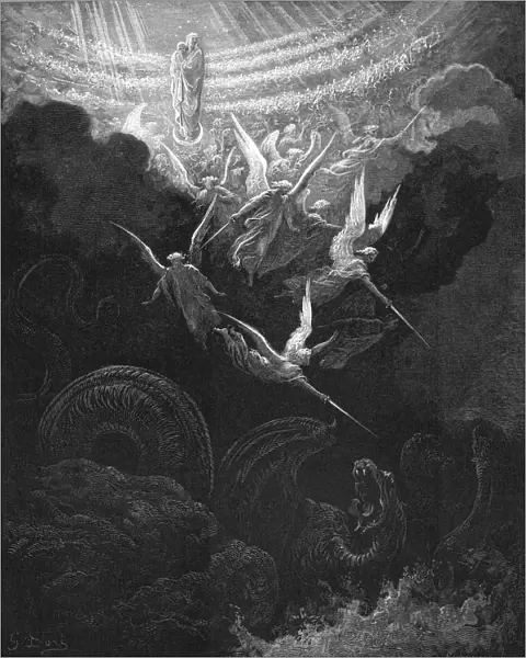 The Archangel Michael and his angels fighting the dragon, 1865-1866. Artist: Gustave Dore