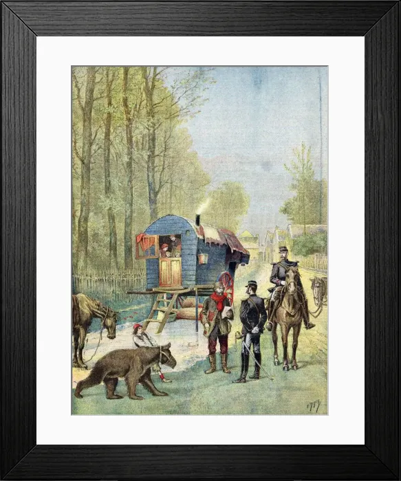 Framed Print : Gendarmes taking census forms to an encampment of itinerant gipsies in their caravan, 1895 Framed Print : Gendarmes taking census forms to an encampment of itinerant gipsies in their caravan, 1895