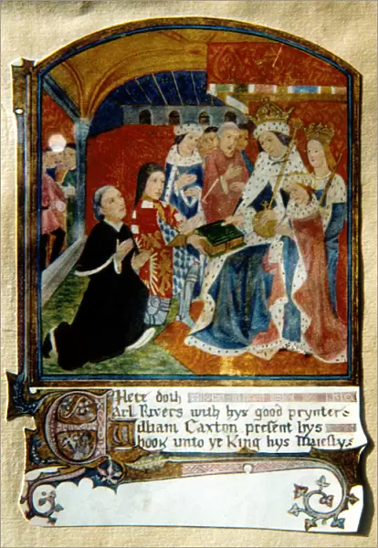 William Caxton, English printer, presenting a book to King Edward IV, 1477