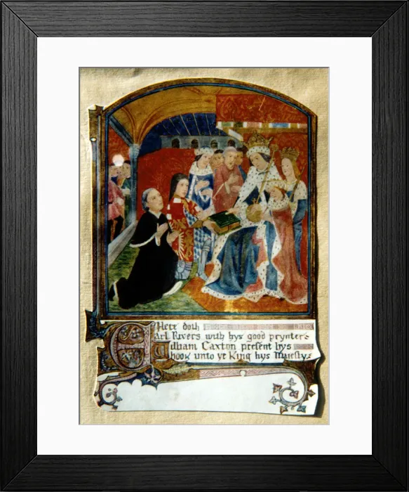 Framed Print : William Caxton, English printer, presenting a book to King Edward IV, 1477 Framed Print : William Caxton, English printer, presenting a book to King Edward IV, 1477
