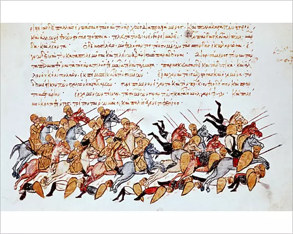 Byzantine cavalrymen overwhelming enemy cavalry and foot soldiers